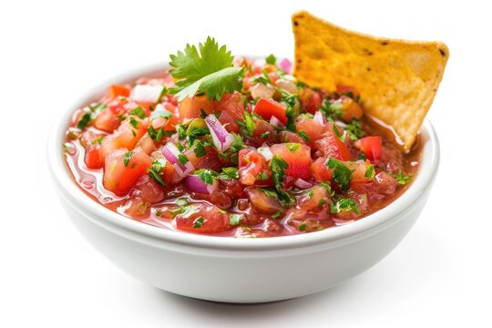 Isolated round bowl of tomato salsa dip with a chip in it