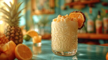  a close up of a drink on a table with oranges and a pineapple in the backgrouf of the picture and a pineapple in the background.