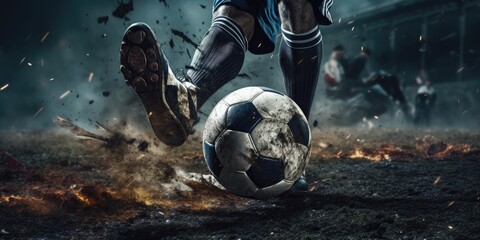 a soccer player kicks the ball into a football pitch