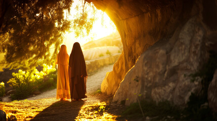 Bible, Easter, A peaceful and hopeful image of Mary Magdalene and other women approaching the empty tomb of Jesus at sunrise. - obrazy, fototapety, plakaty