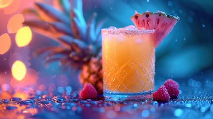  a pineapple and raspberry cocktail with a pineapple garnish on the rim and a pineapple garnish on the rim on the rim.