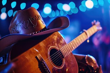 Live country music festival with acoustic guitar cowboy hat and boots - obrazy, fototapety, plakaty