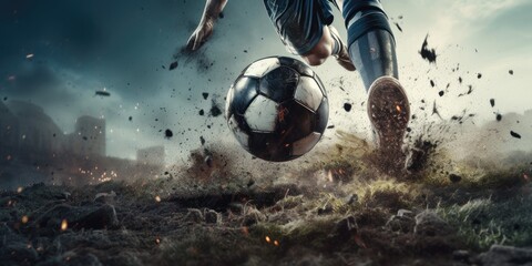 a soccer player kicks the ball into a football pitch