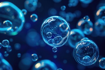 Macro soap bubbles group representing abstract cell structure in blue science background