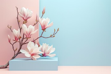 Magnolia branch on beige background with blue frame Beauty concept mock up Exhibition showcase for premium product