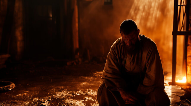 Bible, Easter, Peter is alone in a courtyard, illuminated by firelight, as he experiences repentance after disowns Jesus three times.
