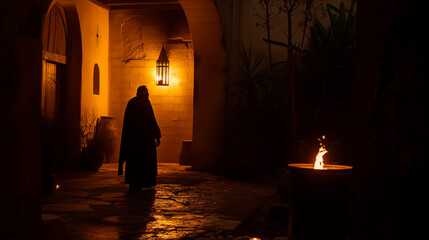 Bible, Easter, Peter is alone in a courtyard, illuminated by firelight, as he experiences repentance after disowns Jesus three times.