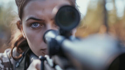 Woman aiming with a sniper rifle

 - obrazy, fototapety, plakaty