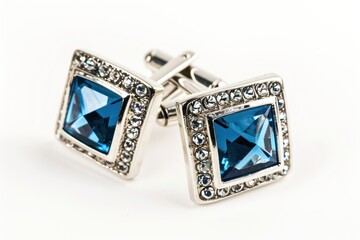 Fototapeta premium Metal silver square cufflinks with large blue and miniature sparkling crystal embellishments isolated on a white background