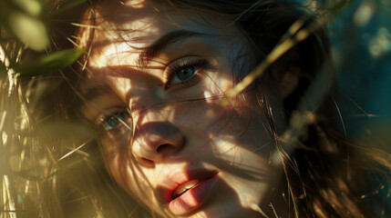 Portrait of a woman with sunlight and shadows on her face

