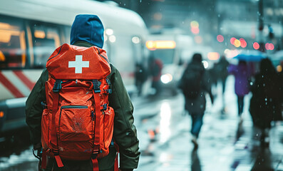 Obraz premium an ambulance rescue worker man with a red backpack white cross sign outdoors, back side to the camera, copy space, person goes to help refugees and people who needs help