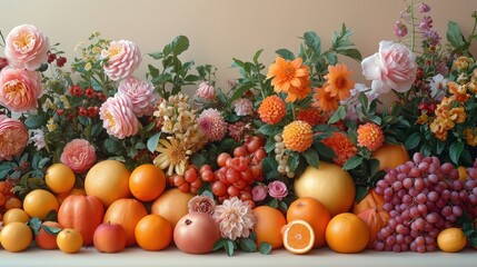 Naklejka na ściany i meble an arrangement of flowers, fruit, and fruit arranged in a row on top of a table with oranges, apples, and grapefruits in the foreground.