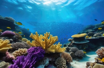 Fototapeta na wymiar World Wildlife Day, coral reef, vivid underwater photography, colorful fish, ocean floor, sea diving, sponges and corals