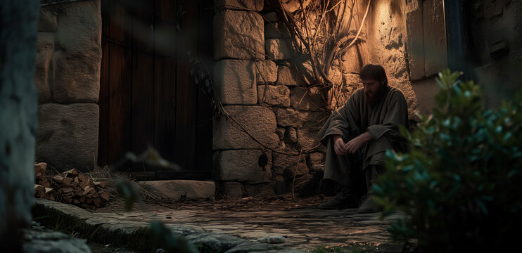 Bible, Easter, Peter is alone in a courtyard, illuminated by firelight, as he experiences repentance after disowns Jesus three times.