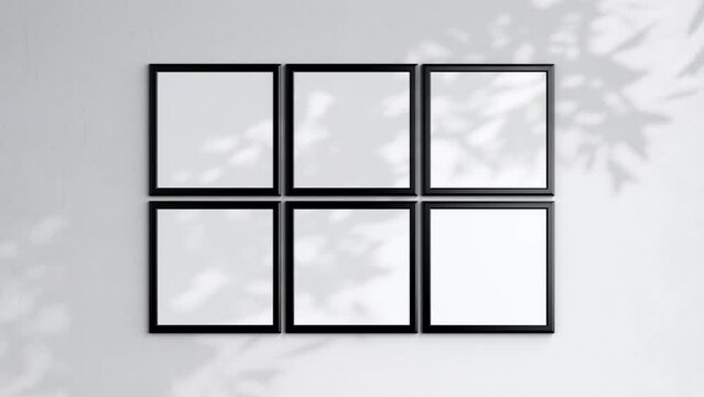 Six Square Poster Frames Video Mockup, Black Blank Frame On White Wall, Art Mockup, Minimalist Motion Mockup