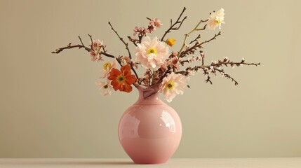  a pink vase with a bunch of flowers inside of it on a white table with a beige wall behind it and a white wall behind the vase with a few flowers in it.