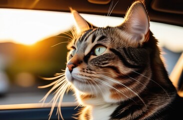 World Cat Day, world Tourism Day, traveling with pets, gray cat in the car in the back seat, ride with animals, moving with pets, sunny day