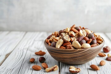 Mixed nuts in a white wood bowl