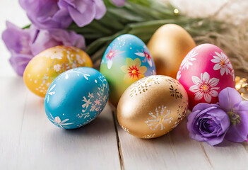 Fototapeta na wymiar Easter decorations, colorfully painted and decorated Easter eggs and spring flowers on a wood background, Empty space for typography and logo.