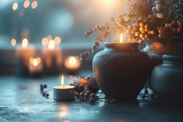 Mourning and remembrance depicted by candles and a funerary urn on a table