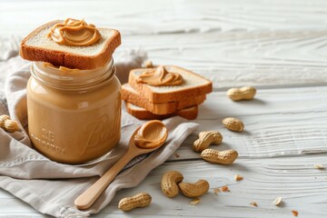 Fototapeta na wymiar Peanut butter jar peanut towel spoon and sandwich on white background space for text