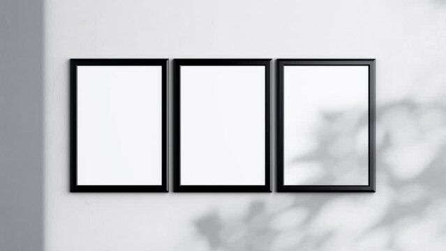 Three Poster Frame Video Mockup A ISO, Black Blank Frame On White Wall, Art Mockup, Minimalist Motion Mockup