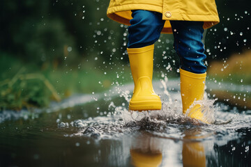 Child in rubber boots and yellow raincoat jumping in puddle, Boy having fun in rainy day
