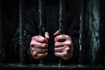 Prisoner s hands grip black bars await release from locked jail