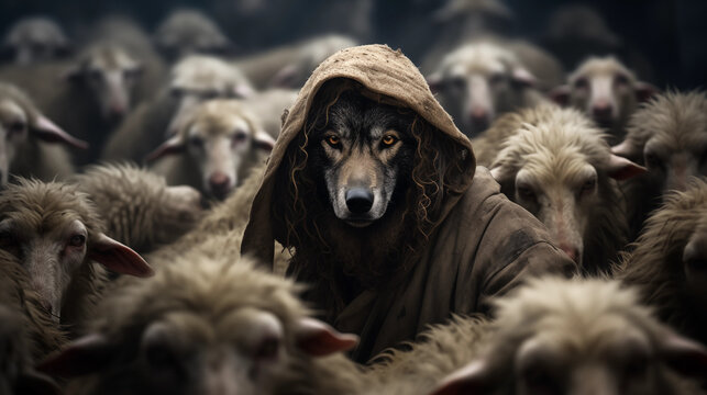 Wolf mit Kapuze zwischen Schafen in Schafherde. Konzept: Redewendung "...Ein Wolf unter Schafen". Illustration