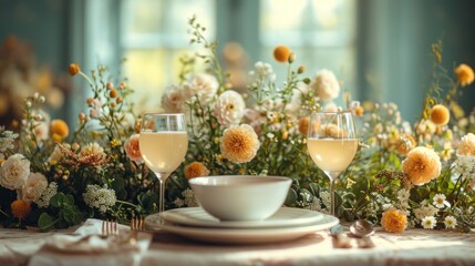 a table topped with two glasses of wine and a plate with a bowl of food on top of it next to a bunch of flowers and a vase with yellow and white flowers.