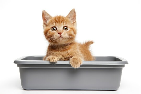 Red British Shorthair kitten in open litterbox gazing at camera