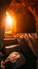 Bible, Easter, Resurrection, The empty tomb of Jesus, where the shrouds lie abandoned. The sun rises.