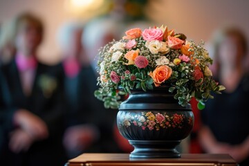 Sad farewell to deceased person with burial urn adorned with flowers mourners in background - obrazy, fototapety, plakaty