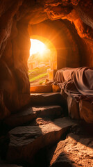 Bible, Easter, Resurrection, The empty tomb of Jesus, where the shrouds lie abandoned. The sun rises.