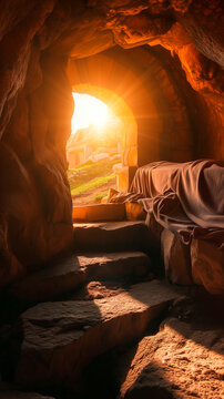 Bible, Easter, Resurrection, The empty tomb of Jesus, where the shrouds lie abandoned. The sun rises.