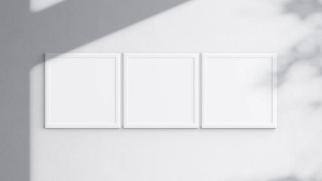 Three Square Poster Frames Video Mockup, White Blank Frame On White Wall, Art Mockup, Minimalist Motion Mockup