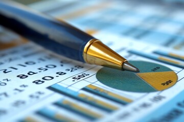 Analyzing Financial Data: Pen Pointing at Pie Chart on Financial Report