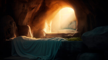 Bible, Easter, Resurrection, The empty tomb of Jesus, where the shrouds lie abandoned. The sun rises. - obrazy, fototapety, plakaty
