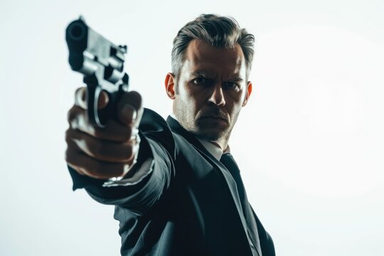 Secret agent like man with gun on white background