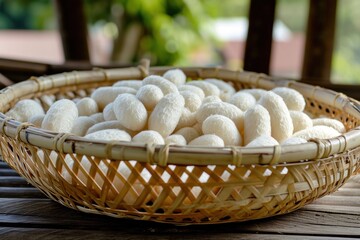 Silkworm cocoons woven in bamboo trays from northeast Thailand