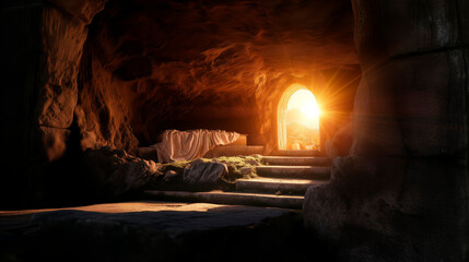 Bible, Easter, Resurrection, The empty tomb of Jesus, where the shrouds lie abandoned. The sun...
