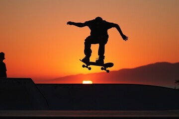 Skateboarder s jump in a skatepark with a silhouette