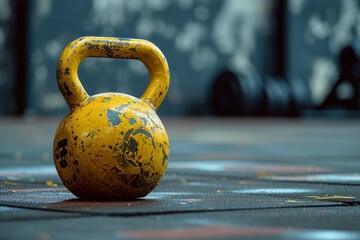 Single 16kg yellow competition kettlebell on gym floor with available writing space