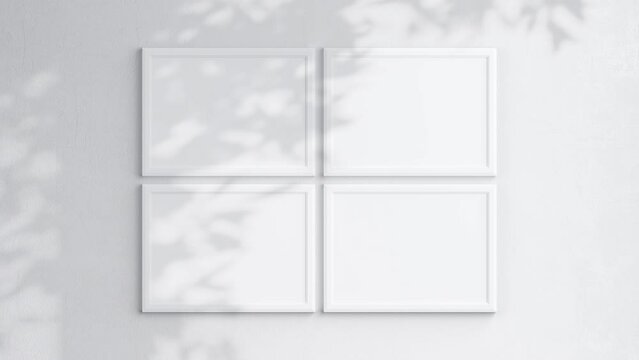 Four Poster Frames Video Mockup A ISO, White Blank Frame On White Wall, Art Mockup, Minimalist Motion Mockup