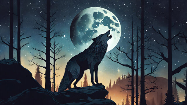 Silhouette of a wolf howling at the moon, dark forest, starry sky.