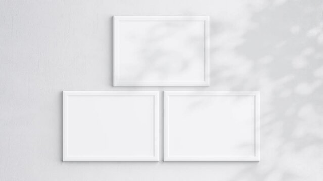 Three Horizontal Poster Frames Video Mockup A ISO, White Blank Frame On White Wall, Landscape Art Mockup, Minimalist Motion Mockup