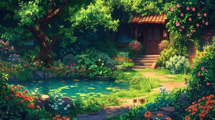 Cartoon-style secret garden with hidden paths, flowering vines, and a quaint pond