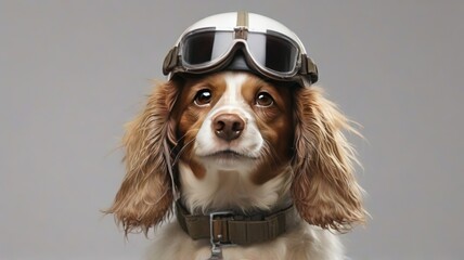 Portrait of dogs in a pilot's suit for flying on an airplane on a gray background, a pilot dog in...