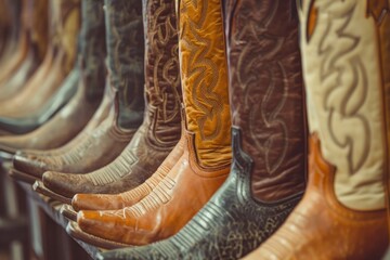 Stylish leather boots displayed alongside retro vintage clothing costumes and jewelry at Moon Zoom a closeup of a row of cowboy boots and western attire - obrazy, fototapety, plakaty
