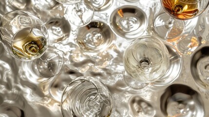  a group of wine glasses sitting next to each other on top of a white table covered in wine glasses and a bottle of wine in the middle of the glasses.